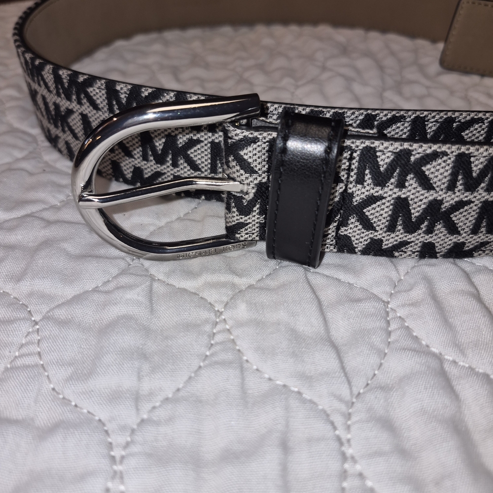 Michael Kors Black & White MK Logo Canvas Belt with Silver Buckle